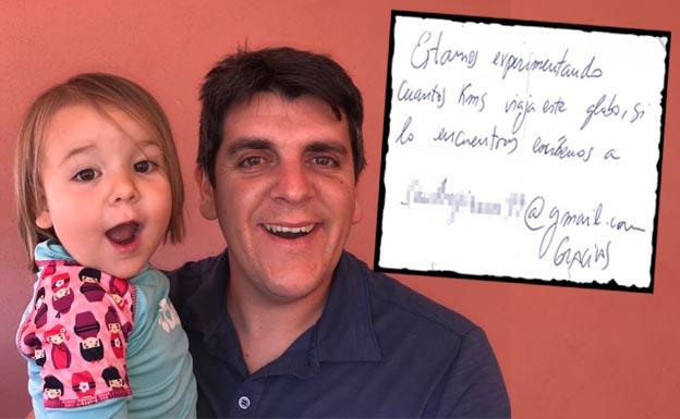 Sandro y su pequeña Ayla y, a la derecha, imagen de la nota que mandaron en el globo.