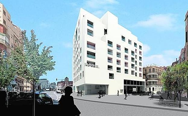 Recreación del hotel de Moneo, con el edificio que reproducirá la fachada de La Mundial, al fondo. 