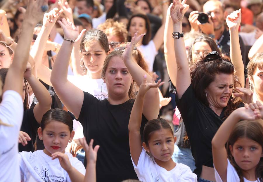 Animados por el grupo de los bailaores Antonio de Verónica y Saray Cortés, los participantes se han afanado en seguir la coreografía que se marcaba desde el escenario