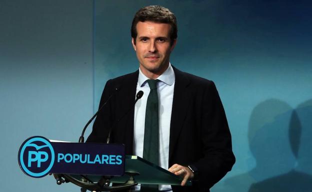 Pablo Casado durante la rueda de prensa ofrecida en la sede de Génova para valorar los resultados de la votación.