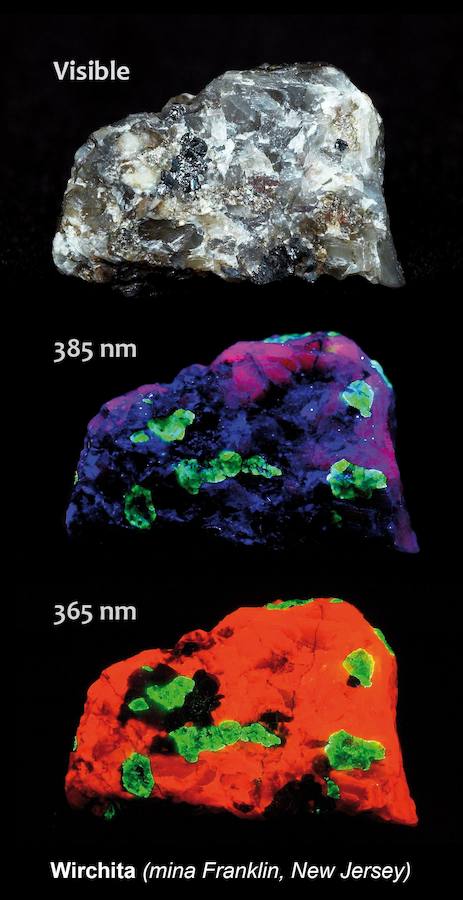 Willemita: Este mineral, procedente de la mina Franklin de New Jersey (EE.UU) es, posiblemente, la roca fluorescente más bella que existe. Con luz UV de onda corta de 265 nm o con Rayos-X pasa del color gris a emitir una luz roja intensa con zonas verdes de dióxido de silicio. En algunas variedades, incluso sigue emitiendo luz por fosforescencia tras apagarse la luz de excitación.