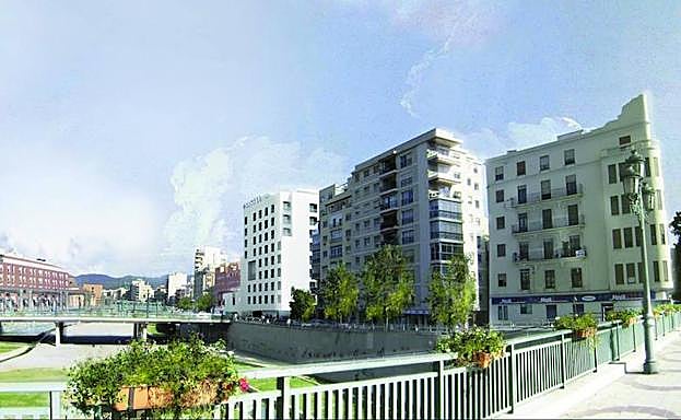 Recreación del hotel proyectado para Hoyo de Esparteros, visto desde el puente de Tetuán.