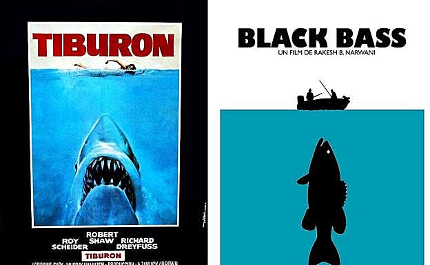 El cartel original de 'Tiburón' (1975) y el del corto 'Black Bass' que homenajea la cinta de Spielberg