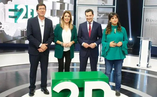 Juan Marín, Susana Díaz, Juanma Moreno y Teresa Rodríguez, ayer en el plató de Canal Sur.