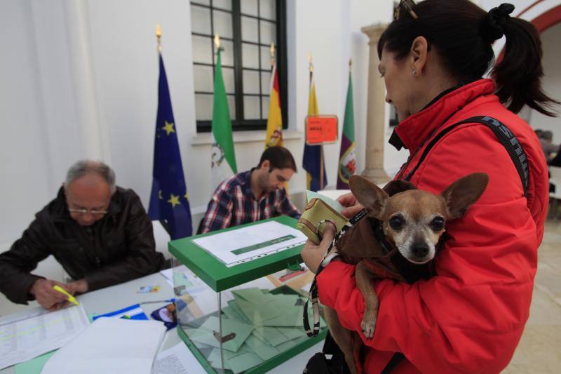 Una mujer con su perro se dispone a votar, en el colegio electoral que esta situado en el Museo Municipal de Algeciras (Cádiz)