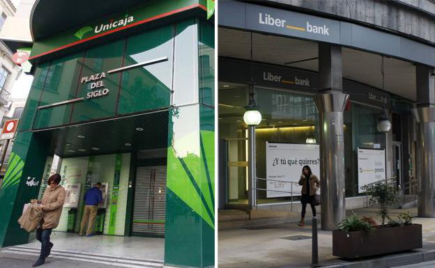 Imagen de una entidad bancaria de Unicaja y de Liberbank. 