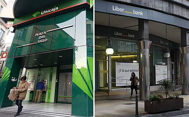 Imagen de una entidad bancaria de Unicaja y de Liberbank. 