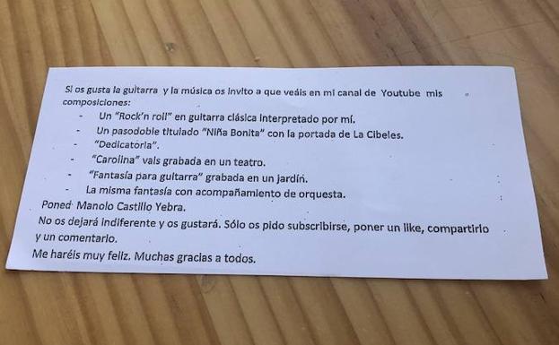 Mensaje que Manolo Castillo Yebra repartía en una cafetería. 