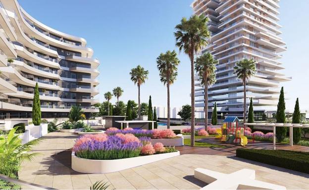 Recreación del edificio Halia, diseñado por HCP, a la izquierda, junto a una de las tres torres proyectadas por el estudio de Carlos Lamela.