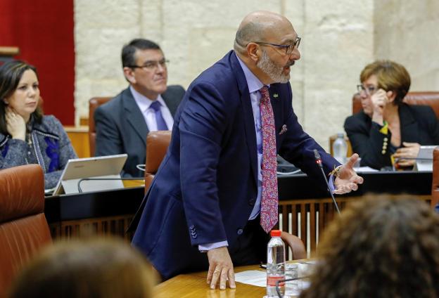 Alejandro Hernández, portavoz de Vox, en la interpelación a Moreno en el Parlamento andaluz la pasada semana.