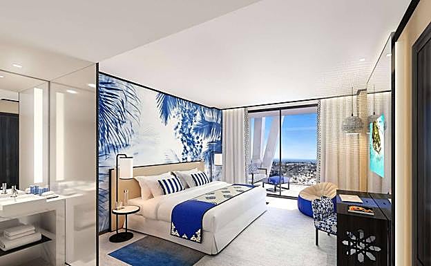 Imagen principal - Aspecto que presentarán las habitaciones y uno de los bares del complejo. Recreaciones de una vista general y de la piscina interior del hotel.