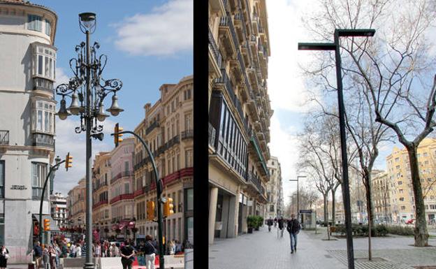 Las desparecida farolas de la Alameda frente a la farola que llega.