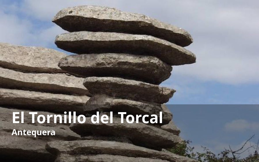 Dentro del ya de por sí espectacular paraje natural del Torcal, hay una roca que tiene su propia distinción. Se trata de la que se conoce como El Tornillo por su semejanza con esta pieza de ferretería. Pero, más allá de su anecdótico parecido, es una buena muestra de cómo los antiguos sedimentos marinos fueron depositados en estratos horizontales. Además de ser monumento natural, es el emblema de este conjunto kárstico. De hecho, actualmente forma parte de su imagen corporativa. Se encuentra muy bien señalizado y cuenta con un acceso fácil una vez que se llega al Torcal de Antequera. En el otoño de 2016 sufrió la rotura de una de sus lascas, aunque se han tomado medidas para evitar el contacto directo por su posible deterioro.