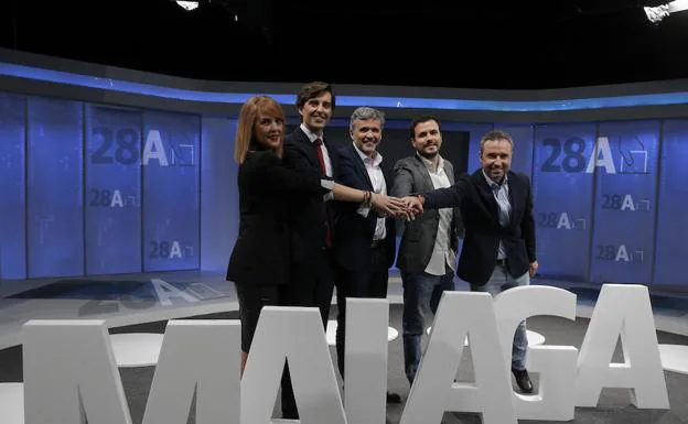 Patricia Rueda (Vox), Pablo Montesinos (PP), Ignacio López (PSOE), Alberto Garzón (Unidas Podemos) y Guillermo Díaz (Cs), cabezas de cartel por Málaga.
