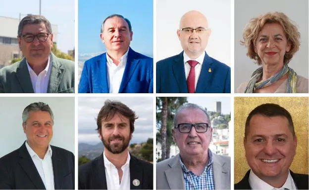 Arriba, Antonio Moreno Ferrer (PSOE). Francisco Delgado Bonilla (PP). Jesús Pérez Atencia (GIPMTM). Alicia Pérez Gallardo (IU). Abajo, Javier García Moreno (Ciudadanos). José María Matás (Podemos). Antonio Souvirón Rodríguez (Por mi pueblo). Javier Herreros Sánchez (Vox).