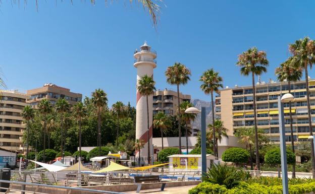 Imagen actual que presenta el Faro de Marbella y sus alrededores. 