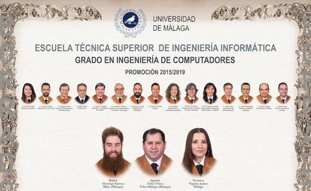 Orla de la promoción 2015/19 de Ingeniería de Computadores, con tres graduados. 