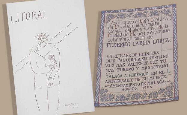 Ilustración de Federico García Lorca (izquierda) y placa del Café Cantante.