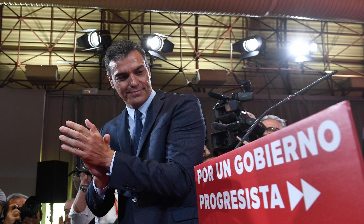 El líder del PSOE, Pedro Sánchez, en un acto esta mañana en Chamartín. 