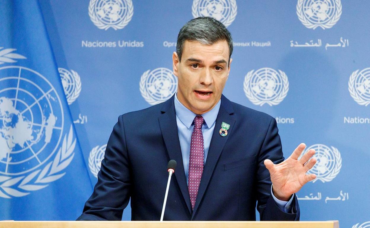 Sánchez este miércoles, en rueda de prensa desde la sede de la ONU, en Nueva York.