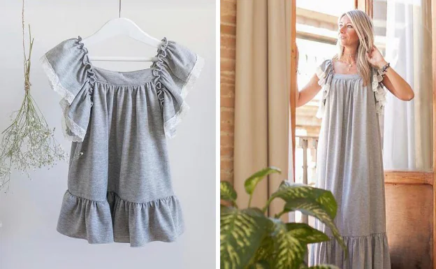 Vestido largo con remates lenceros en algodón gris en versión mamá y mini para las peques de la casa. De la Bolita Coqueta. 