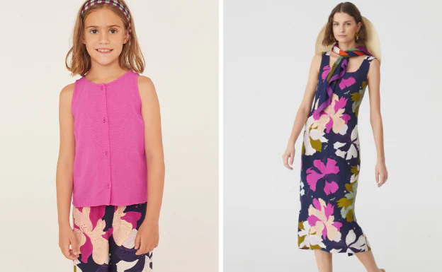Vestido de Nice Thing que combina en versión mini con bermudas de niña con el mismo estampado floral y blusa rosa.