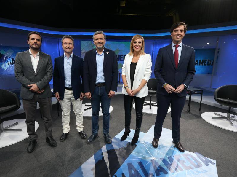 Ignacio López (PSOE), Guillermo Díaz (Cs), Pablo Montesinos (PP), Alberto Garzón (Unidas Podemos) y Patricia Rueda (Vox) participan en un debate de SUR y 101TV