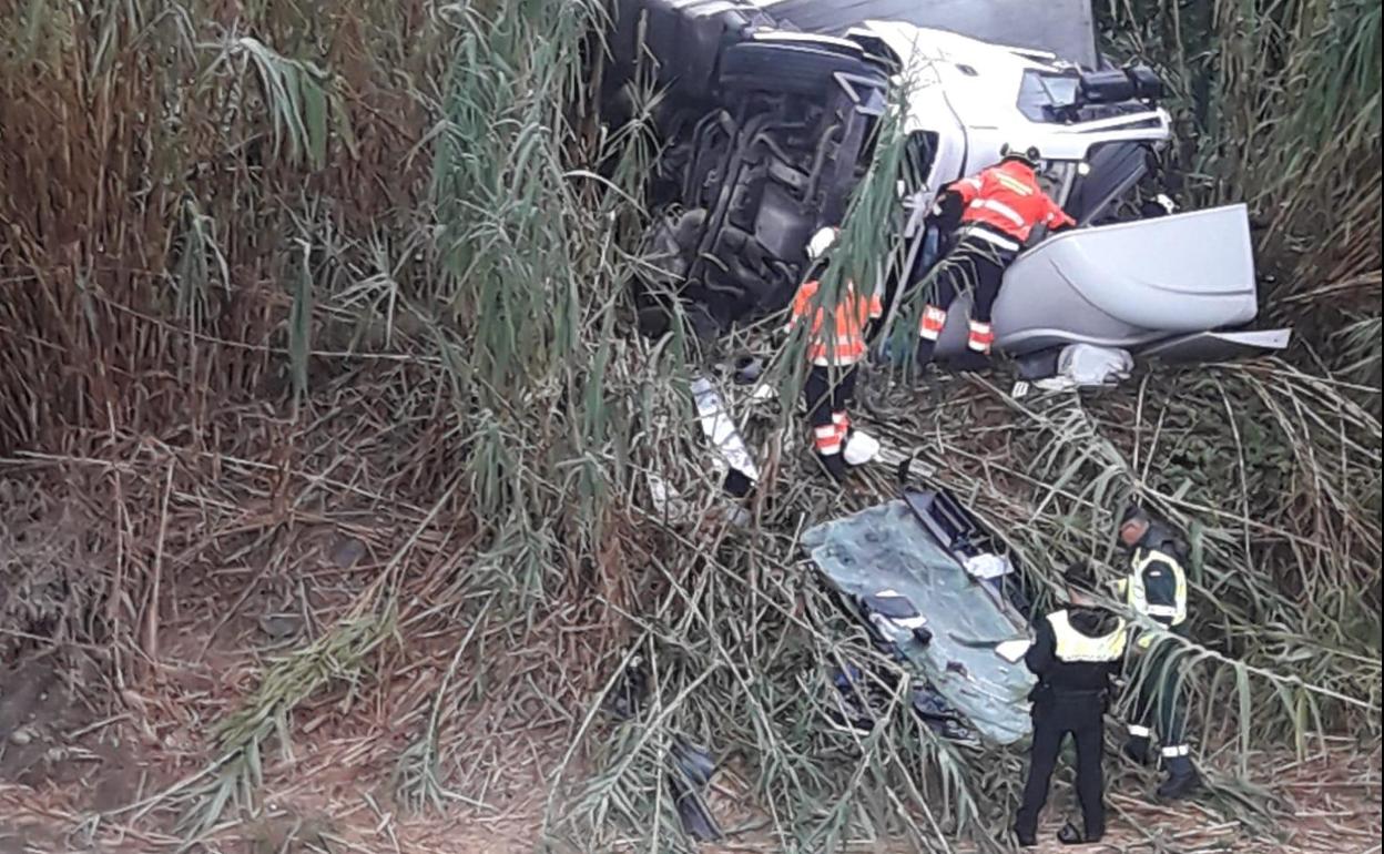 Imagen del camión siniestrado en La Viñuela. 