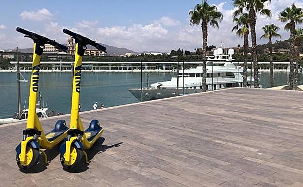 Nuevos modelos de patinetes de alquiler, más sólidos y potentes, en el Muelle Uno del Puerto de Málaga.