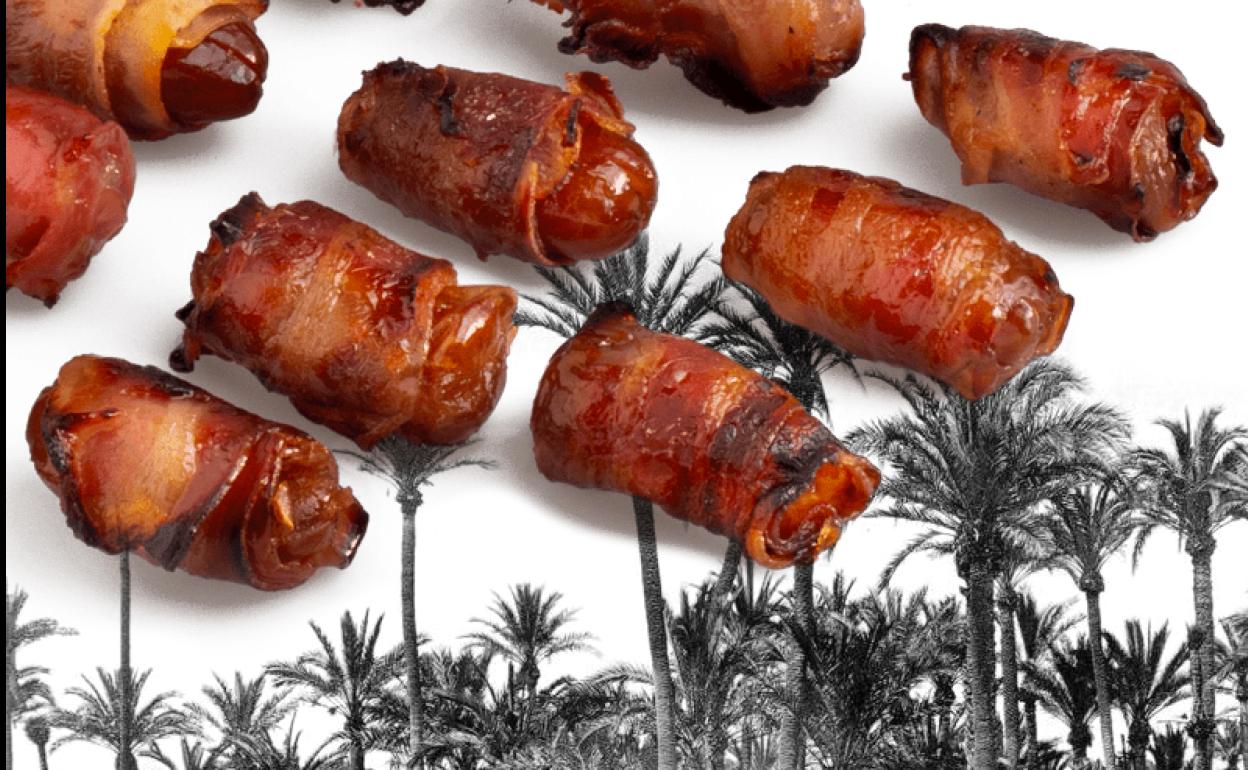 Dátiles con bacon y fotografía antigua del palmeral de Elche.