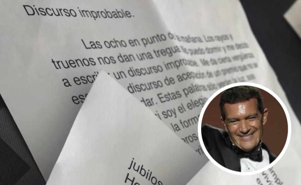 Imagen del discurso de Banderas y, abajo, una imagen del actor en la gala.