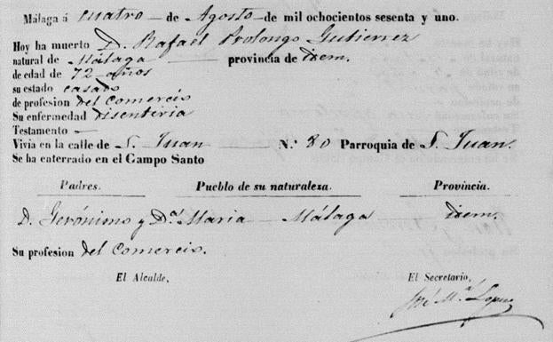 Partida de defunción de Rafael Prolongo Gutiérrez, fundador de Prolongo. 