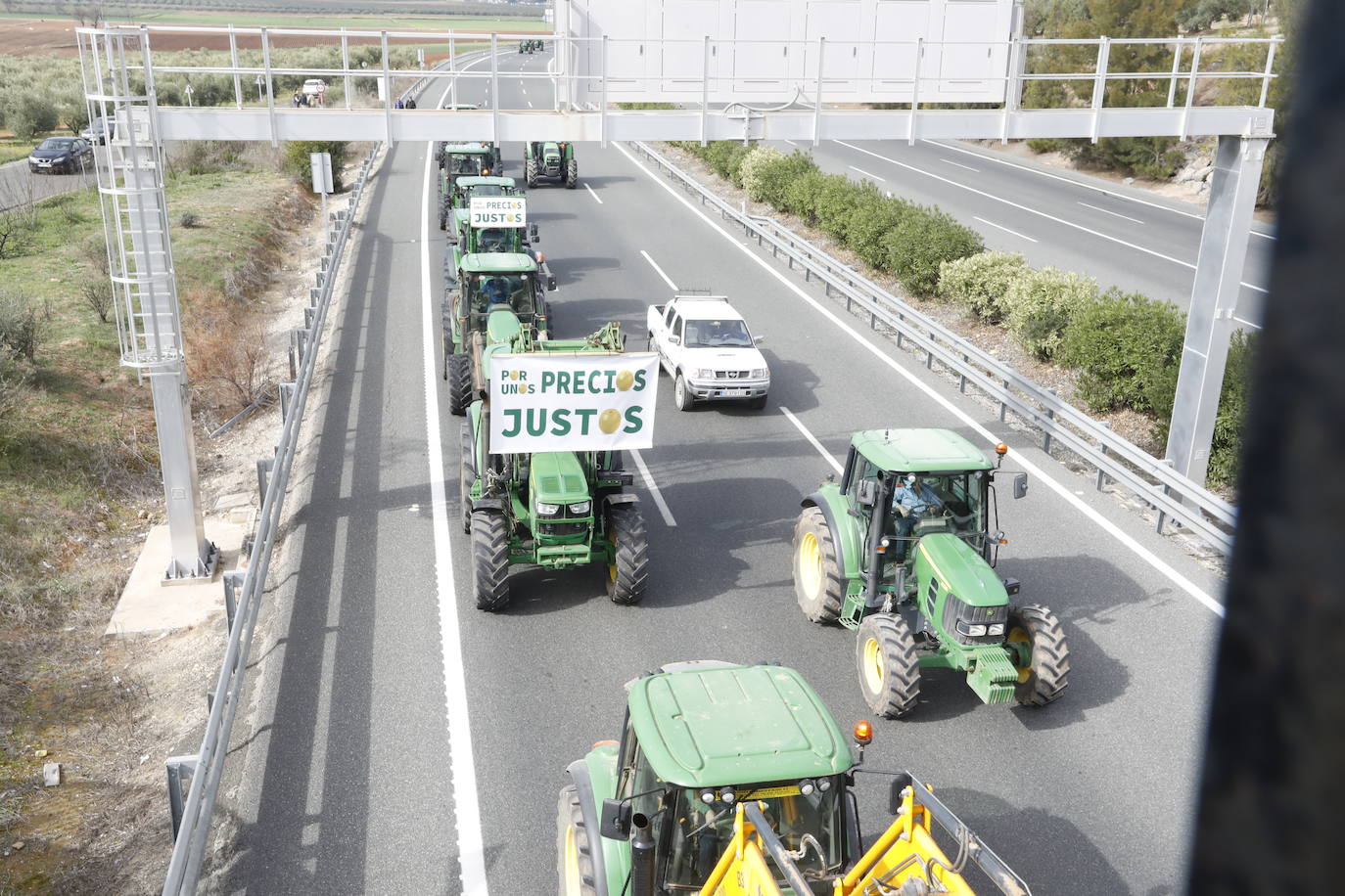 Las manifestaciones de agricultores y ganaderos que están recorriendo España desde el pasado mes de enero para protestar contra los bajos precios del aceite de oliva y de los productos hortofrutícolas han llegado a la provincia con una gran tractorada en el municipio de Antequera.