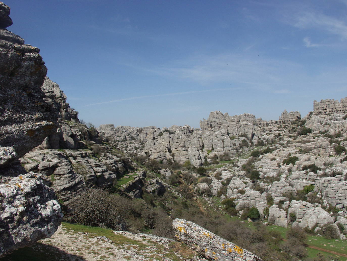 7. El Torcal y otras sierras calizas. A pesar de ser la 'capital' de una comarca eminentemente llana, Antequera puede presumir de tener algunas de las formaciones montañosas más singulares del país. La más conocida es la que se conoce como paraje natural del Torcal de Antequera, declarado como espacio protegido desde el año 1930. Lo que hace más de 200 millones de años estuvo sumergido bajo el mar de Tethys hoy es un apasionante laberinto kárstico. Así es el Torcal de Antequera, un conjunto de rocas calizas que cuenta con casi doce kilómetros cuadrados de superficie. Gracias a la erosión del viento y la lluvia y a la naturaleza caliza de estas piedras, este espacio, protegido como paraje natural, se ha convertido en un verdadero museo de esculturas naturales, hasta el punto de que muchas de sus rocas se asemejan a seres vivos u objetos. Algunas tienen incluso han sido bautizadas por los lugareños. Es el caso de rocas como la Maceta, el Camello, El Sombrecillo, la Cara de Perro, las Siete Mesas, y así hasta una infinidad de esculturas naturales que esperan ser descubiertas por la mirada del hombre. Pero la figura más llamativa es la que recibe el nombre de El Tornillo, que cuenta con el estatus de monumento natural de Andalucía. Pero, más allá de la anecdótica forma que han cobrado sus rocas, en un paseo por el Torcal de Antequera hay que estar muy pendiente para ver algunos de los restos fósiles marinos -ammonites- que se pueden ver. Se trata de moluscos gigantes que hace millones de años formaron parte de la fauna del desaparecido mar de Tethys. En el entorno de Antequera también merece la pena detener la mirada e incluso hacer alguna incursión en la sierra de las Cabras, una mole caliza, con una cima que roza los 1.300 metros de altitud. Este promontorio rocoso conecta sutilmente con el karst de El Torcal, si bien la erosión no ha hecho en ella los mismos efectos. También desde el punto de vista geológico sobresale la conocida como Peña de los Enamorados, que es una singular formación caliza situada frente al casco urbano. Llama la atención por su forma (se asemeja a la cabeza de un indio tumbado y de perfil) y por su denominación (se le conoce así por la leyenda del amor imposible de Tagzona y Tello).