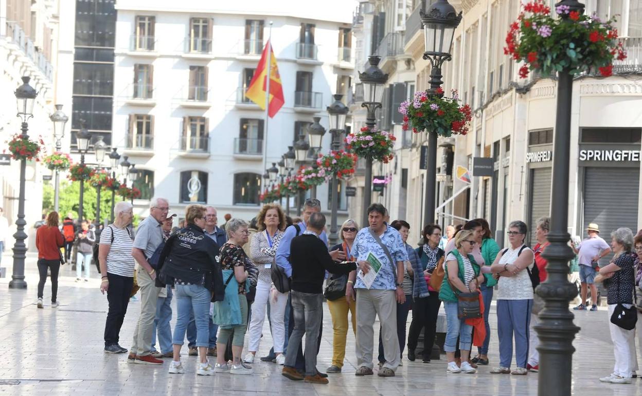 Turistas en una visita guiada por la calle Larios. 