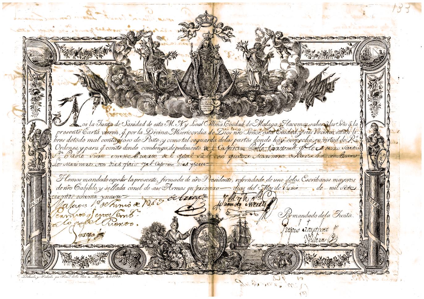 Patente de sanidad: «esta ciudad y sus vecinos están libres de todo mal contagioso de peste» (1789). 
