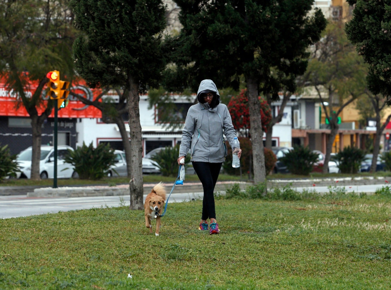 Una vecina saca a pasear a sy mascota en la capital.