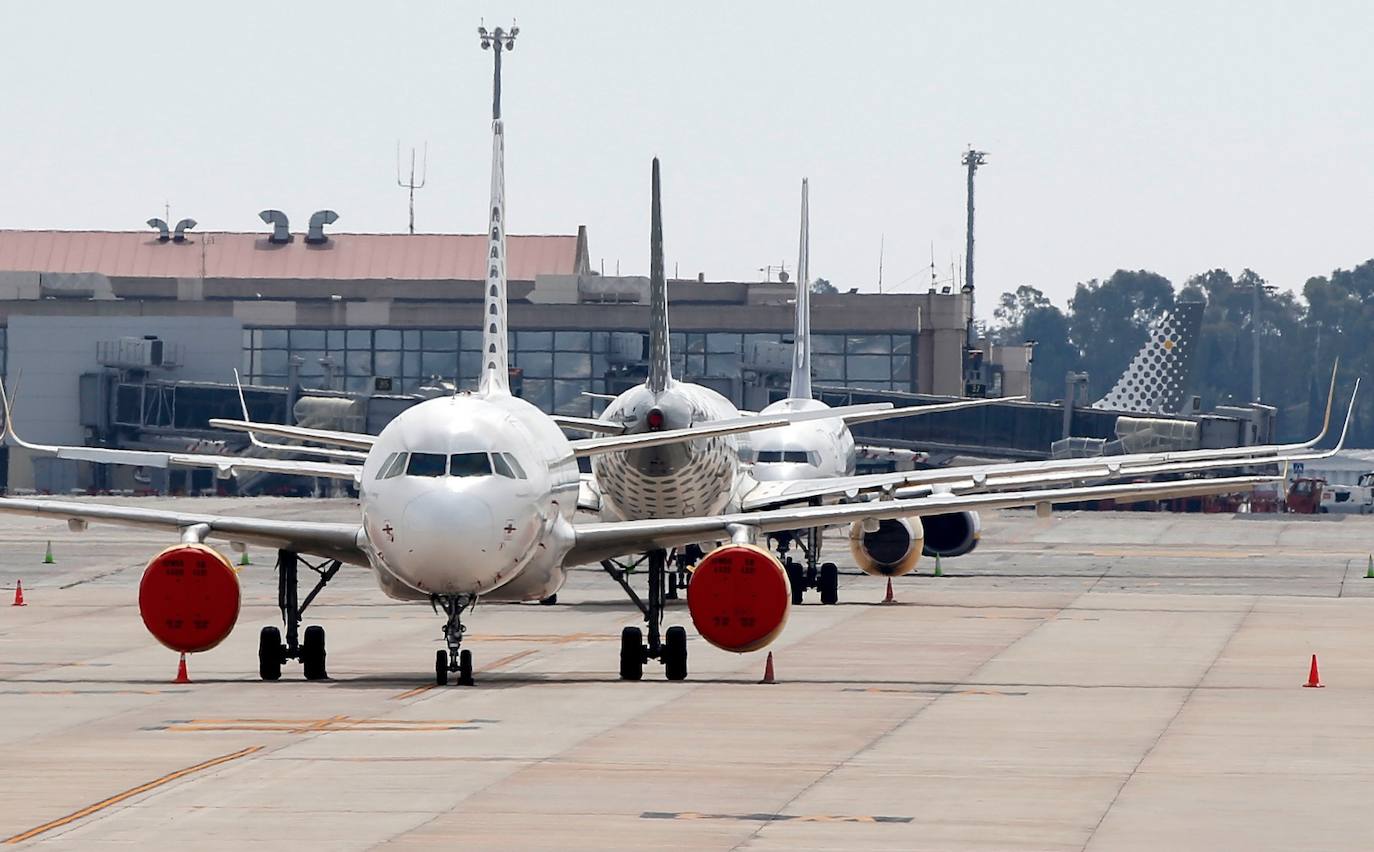 Mostradores de facturación y otras instalaciones del aeropuerto de Málaga vacíos este lunes. 