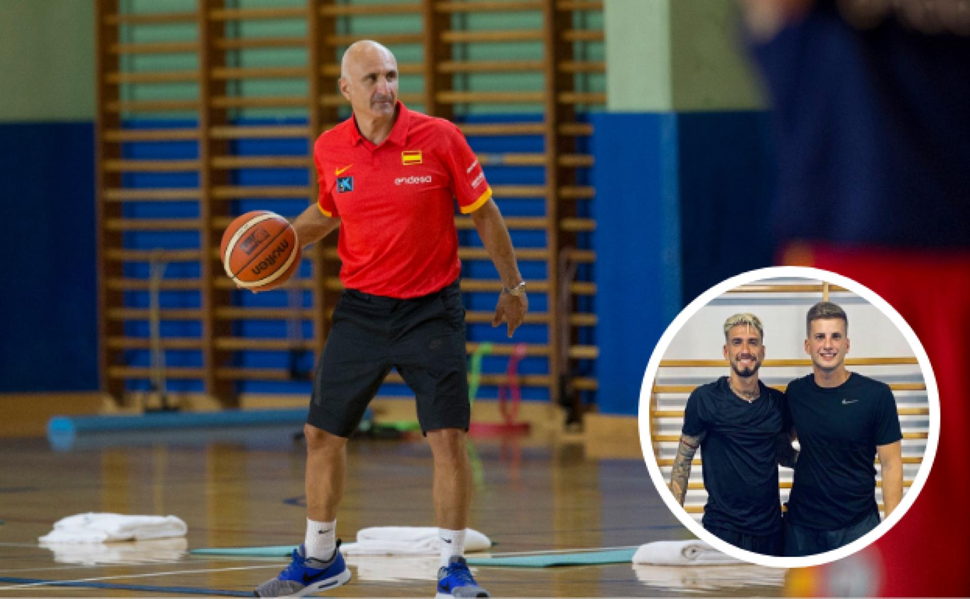 En grande, Enrique Salinas, preparador físico de la selección española de baloncesto y de la cantera del Unicaja. Y enel círculo, a la izquierda, Javi Peña, en una sesión de entrenamiento con Samu Castillejo.