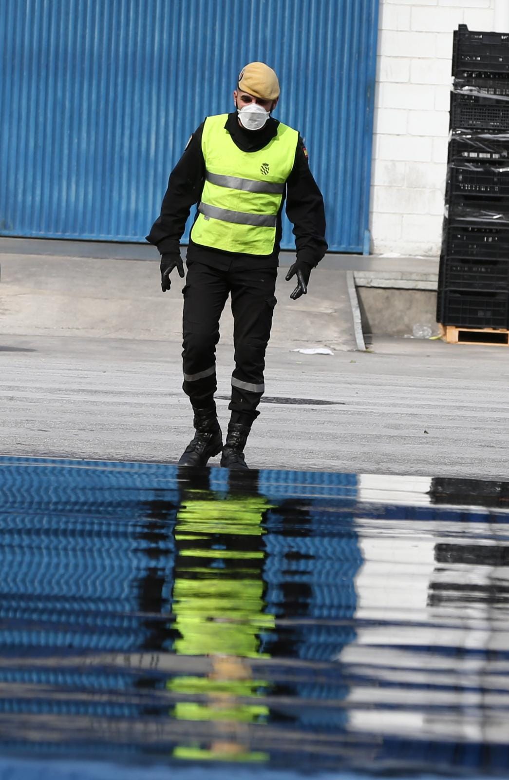 El estado de alarma deja estampas inéditas. En la imagen efectivos del UME y bomberos en Mercamálaga