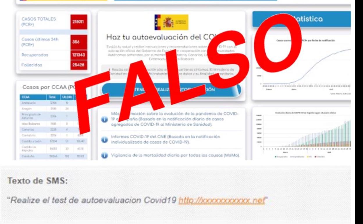 Imagen del SMS (abajo) y de la web falsa que simula pertenecer al Ministerio de Sanidad y al Instituto de Salud Carlos III.