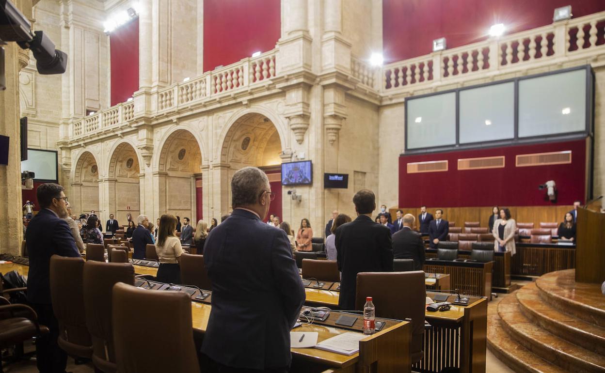 Imagen de archivo del Parlamento andaluz durante el minuto de silencio el pasado 6 de mayo por las víctimas del Covid-19. 