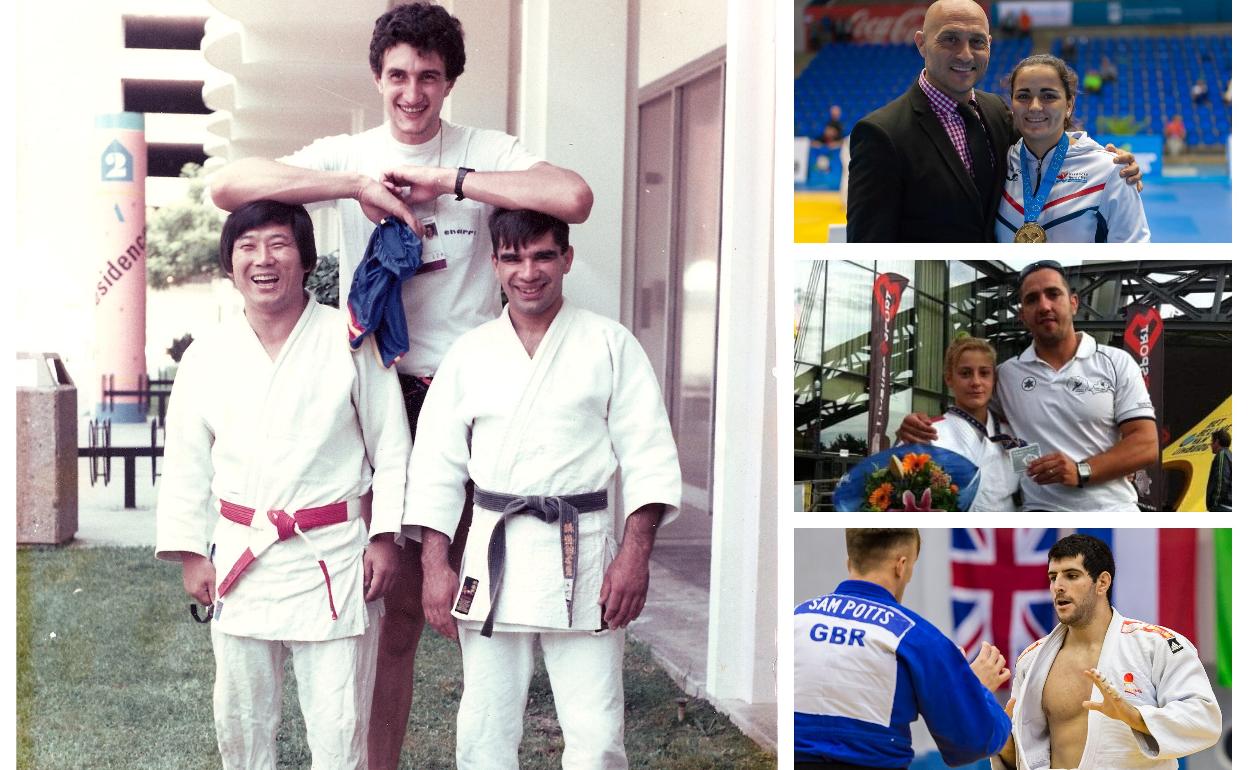 Paco Rodríguez, junto al maestro Young Lee y Fernando Romay, en Los Ángeles 1984; Miguel Ángel Arias y Patricia Robles, Juanma Prados y Cristina Casas y Pedro Pablo González, en un combate. 