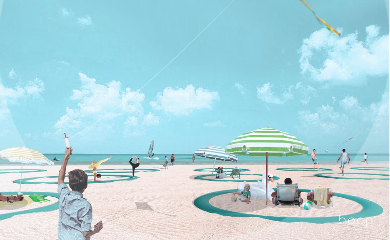 Un estudio de arquitectura malagueño patenta unos aros para mantener las distancias en la playa