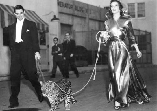 Cary Grant y Katharine Hepburn pasean con Nissa (Baby) en los estudios de la RKO Pictures durante el rodaje de la película