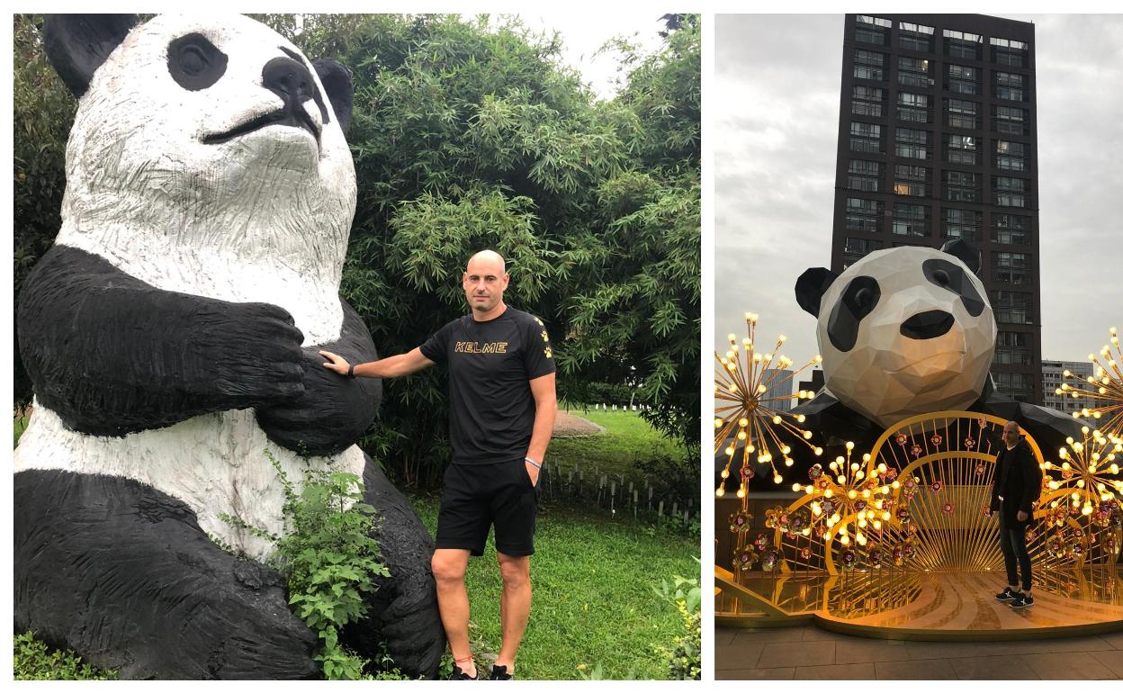 Ruiz, con dos de las figuras de osos panda distribuídas por la ciudad; en un parque (izquierda) y en la azotea de un centro comercial (derecha). 
