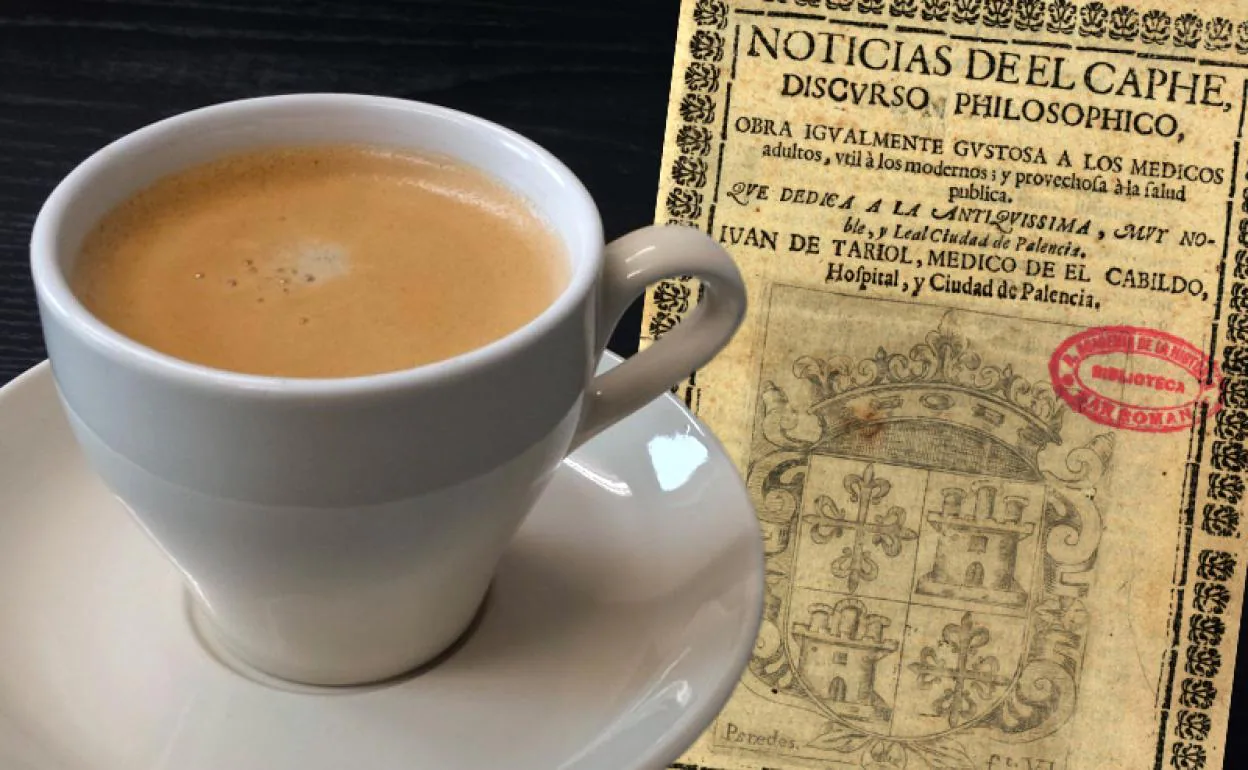 Taza de café con leche (CC PD) y portada de 'Noticias de el caphé' 