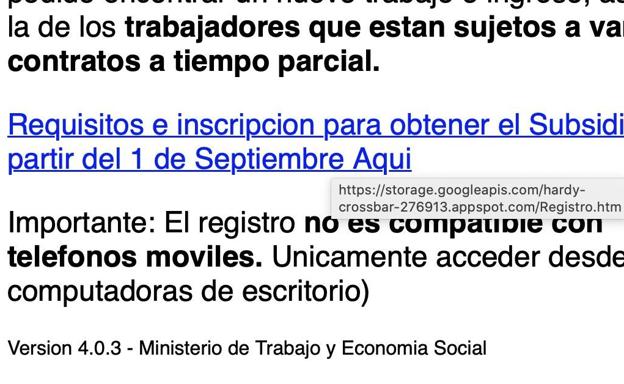 Extracto del correo en el que se ve la falsa dirección al poner el ratón sobre el enlace.