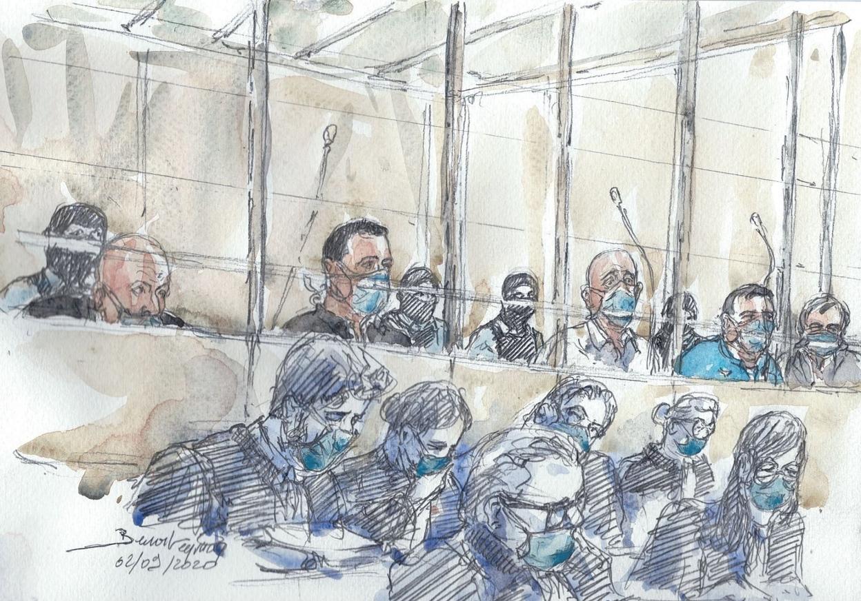 Dibujo de parte de los acusados por el ataque a la revista 'Charlie Hebdo' y sus abogados. Benoit PEYRUCQ / AFP