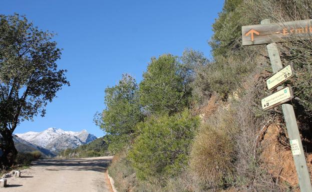 Imagen principal - Arriba, indicativos de esta ruta. Abajo, cruce de caminos con el sendero del río de los Horcajos, y, a la derecha, área recreativa junto a la ermita.